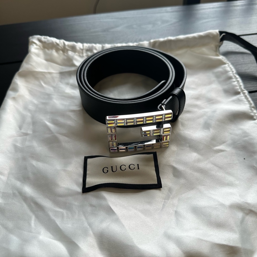 Gucci Black Leather Belt with Crystal Buckle
